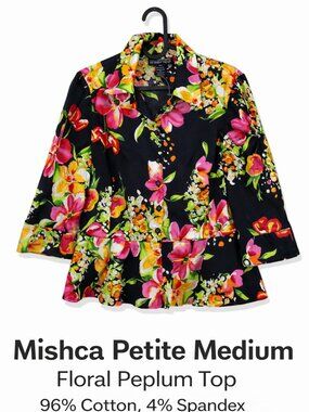 Mishca Petite Medium Floral Peplum Top Black Pink Yellow Stretch Blouse